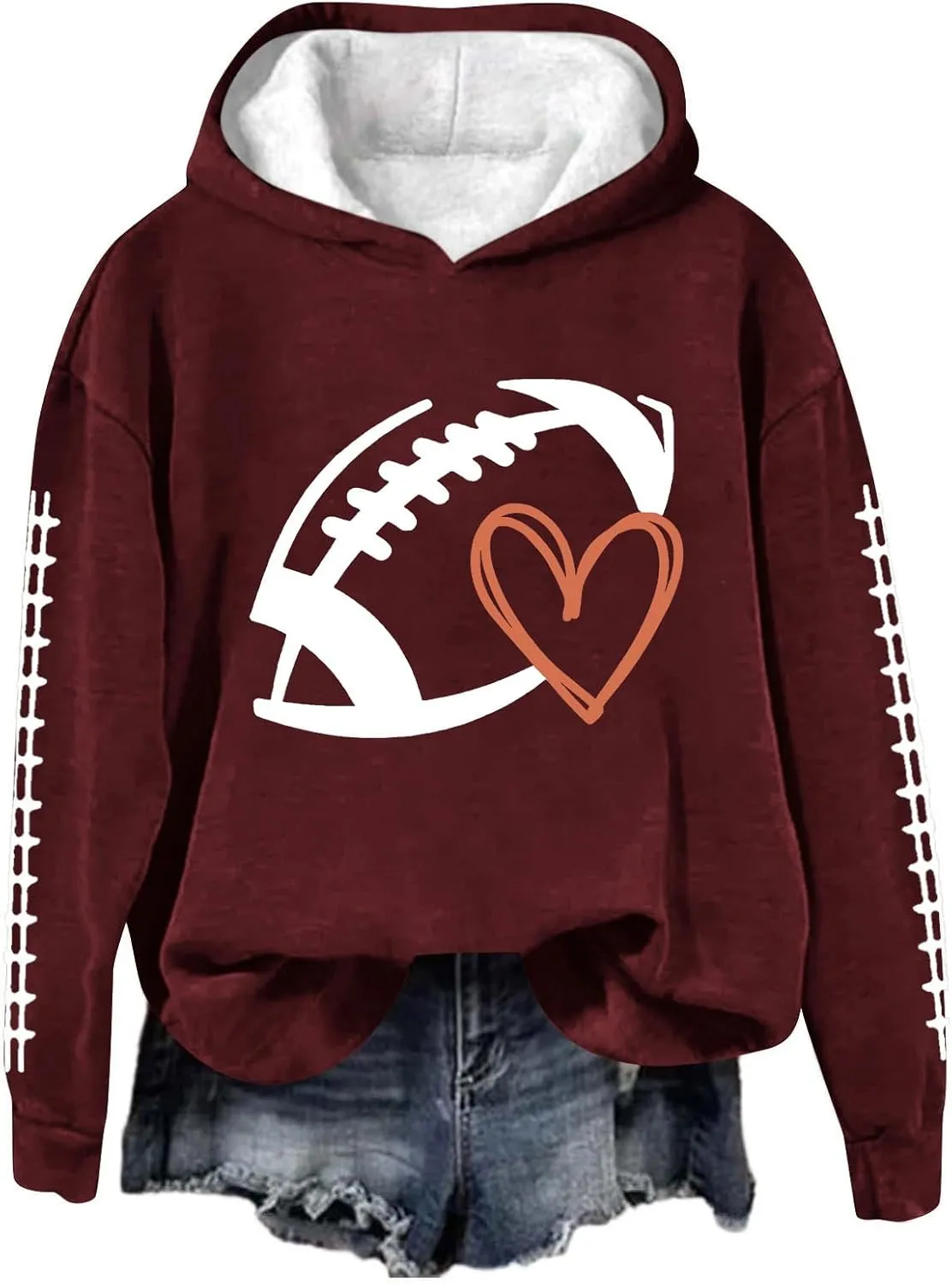 Football Game Day Womens Apparel Game Day Heart Football Graphic Hoodies Pullover Crew Neck Long Sleeve Shirts