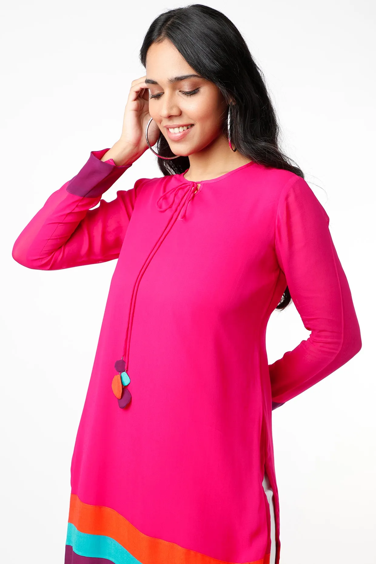 Fuchsia Tunic With Striped Color Blocked Hem