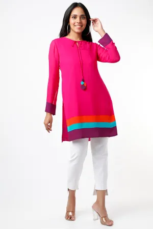 Fuchsia Tunic With Striped Color Blocked Hem