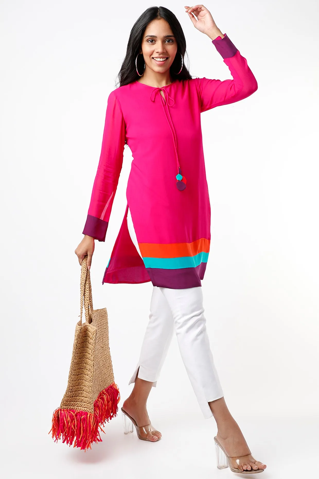 Fuchsia Tunic With Striped Color Blocked Hem