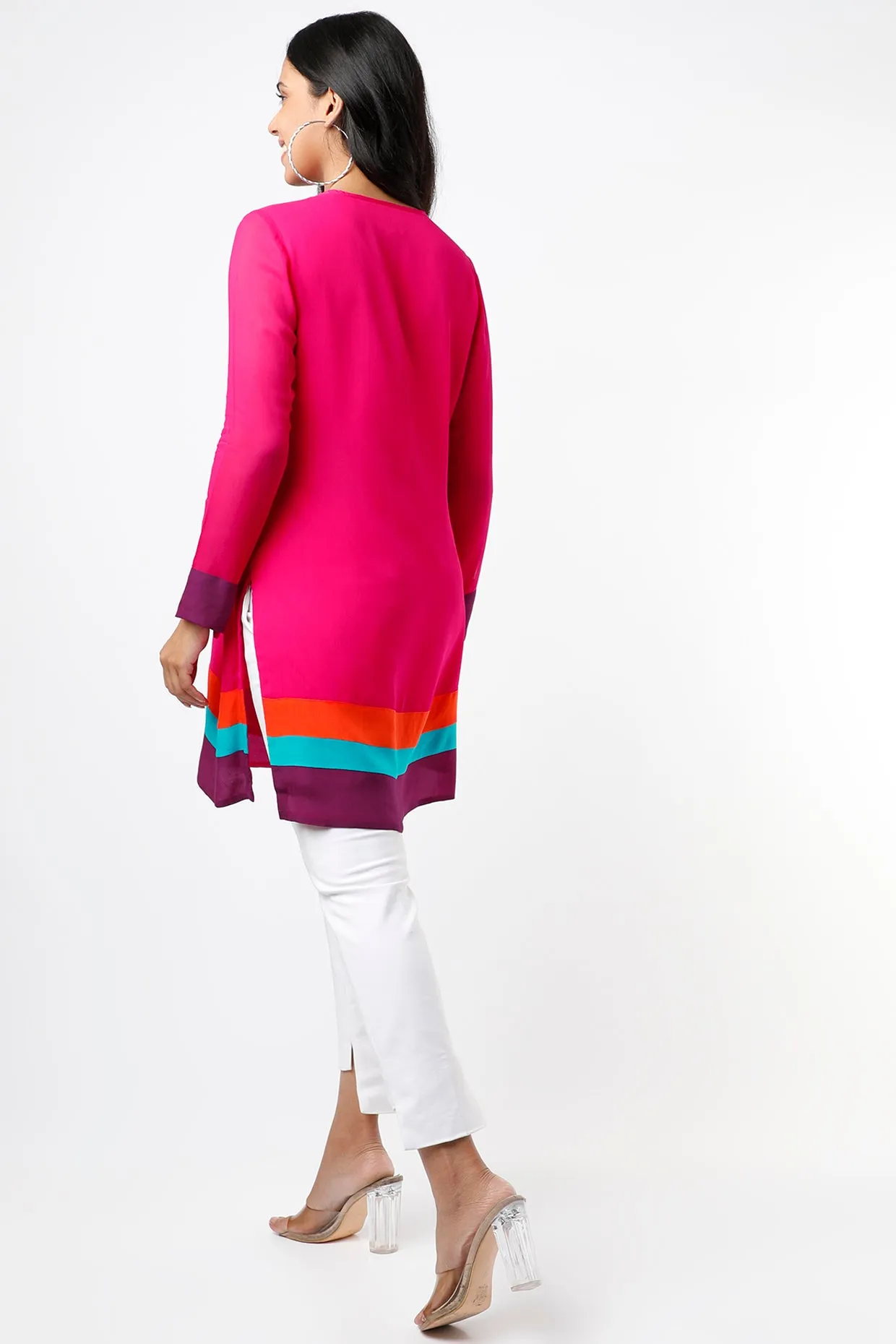 Fuchsia Tunic With Striped Color Blocked Hem