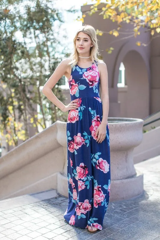 Garden Party Maxi Dress - Navy Rose Print