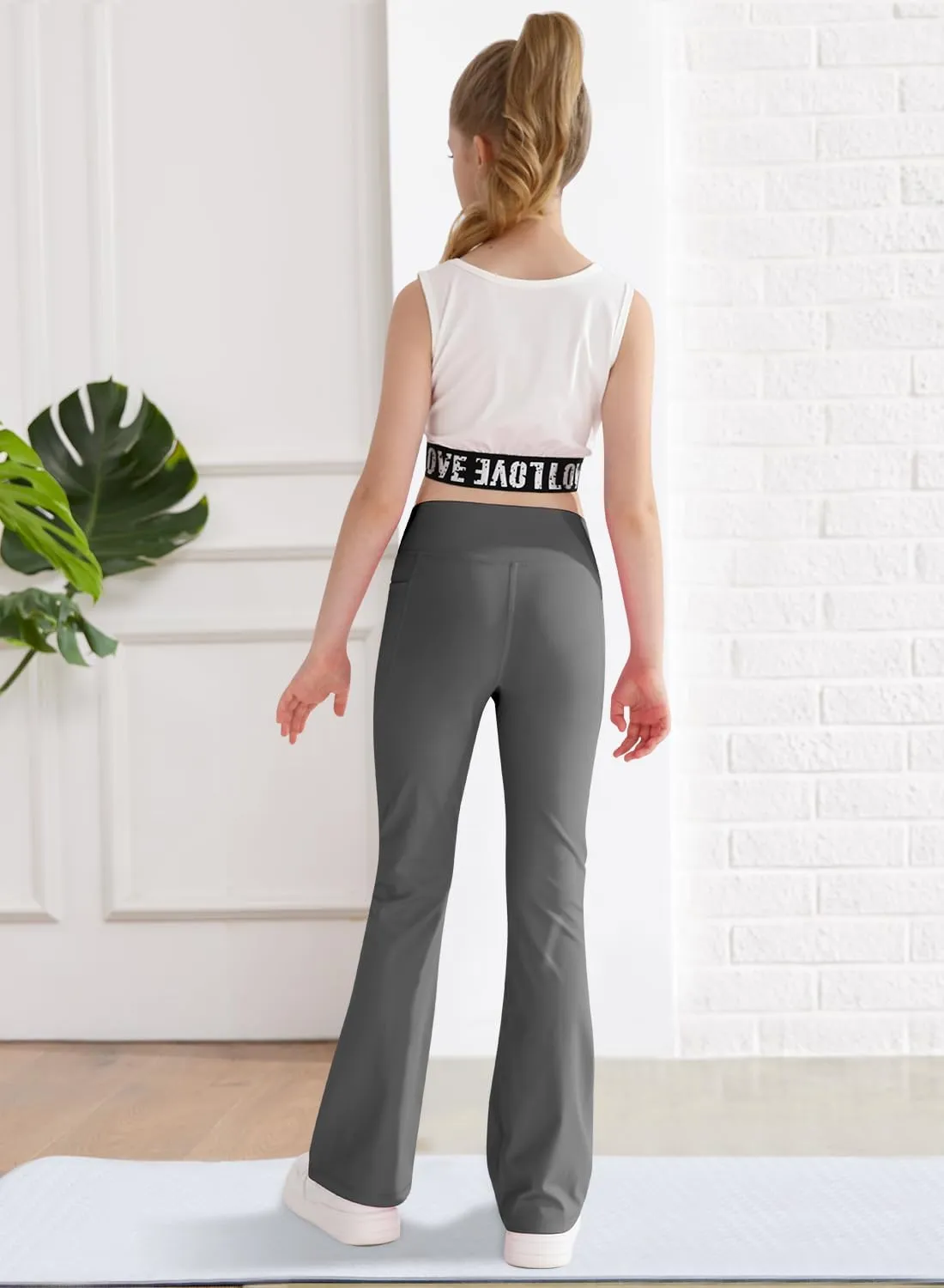 Girls Flare Yoga Leggings Cross High Waisted Dance Cute Activewear Kids Bell Bottoms Pants with Pockets 5-13 Years