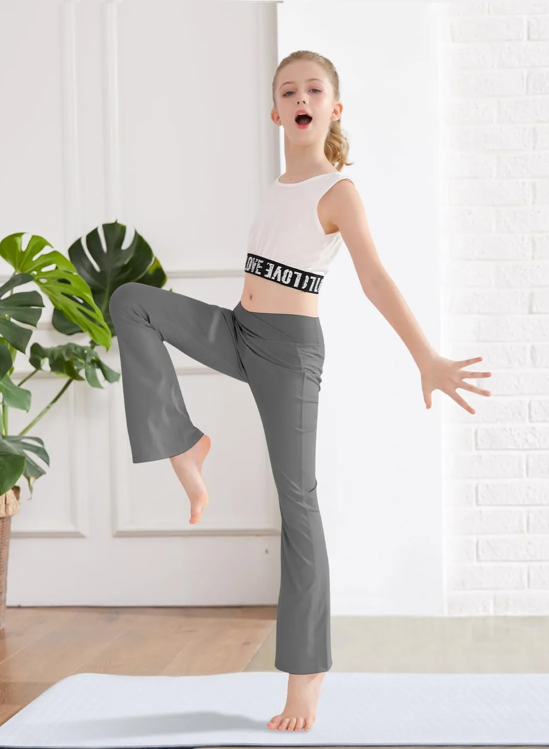 Girls Flare Yoga Leggings Cross High Waisted Dance Cute Activewear Kids Bell Bottoms Pants with Pockets 5-13 Years