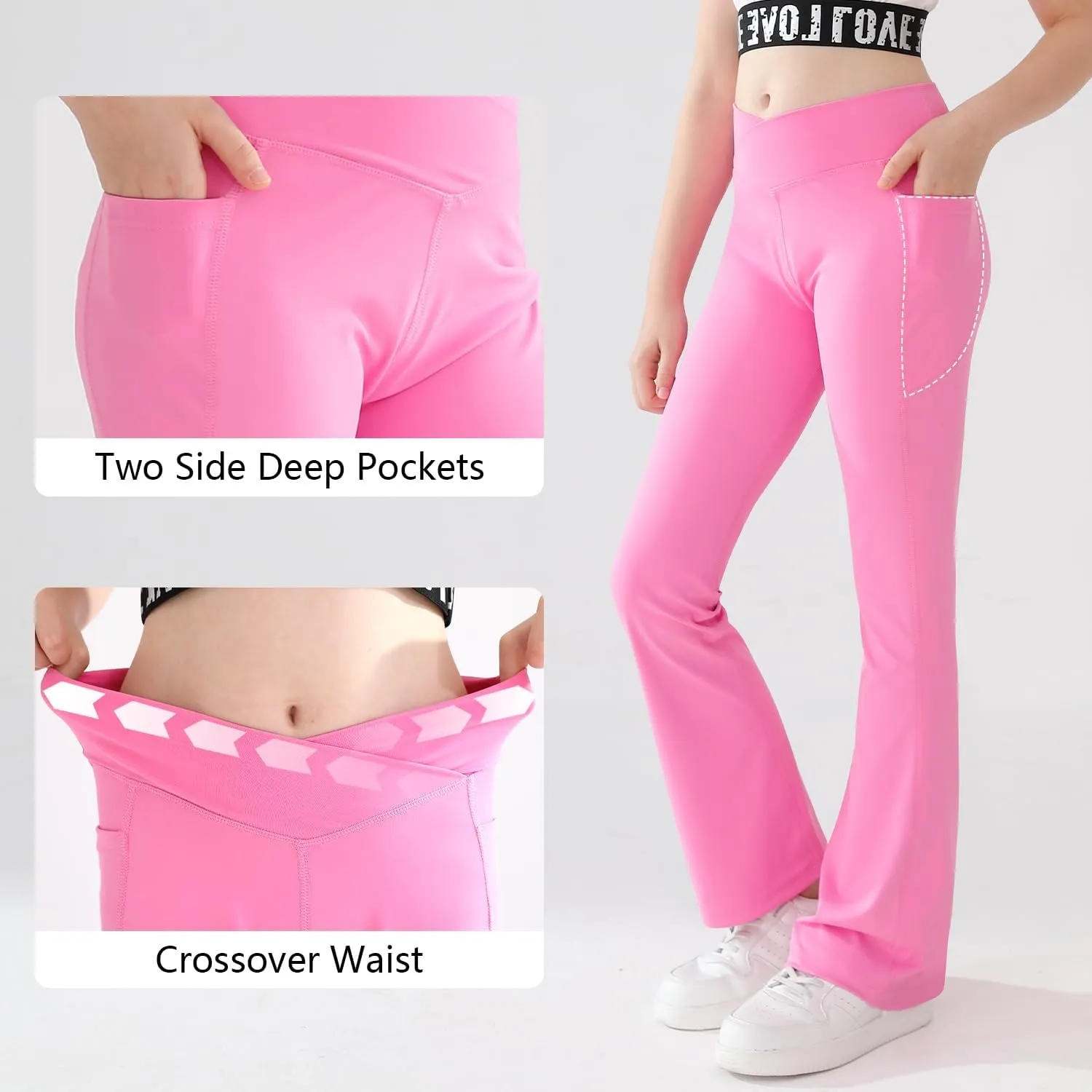 Girls Flare Yoga Leggings Cross High Waisted Dance Cute Activewear Kids Bell Bottoms Pants with Pockets 5-13 Years