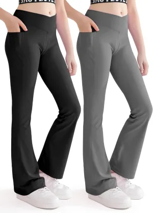 Girls Flare Yoga Leggings Cross High Waisted Dance Cute Activewear Kids Bell Bottoms Pants with Pockets 5-13 Years