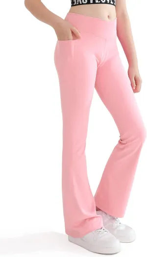 Girls Flare Yoga Leggings Cross High Waisted Dance Cute Activewear Kids Bell Bottoms Pants with Pockets 5-13 Years