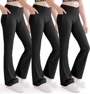 Girls Flare Yoga Leggings Cross High Waisted Dance Cute Activewear Kids Bell Bottoms Pants with Pockets 5-13 Years