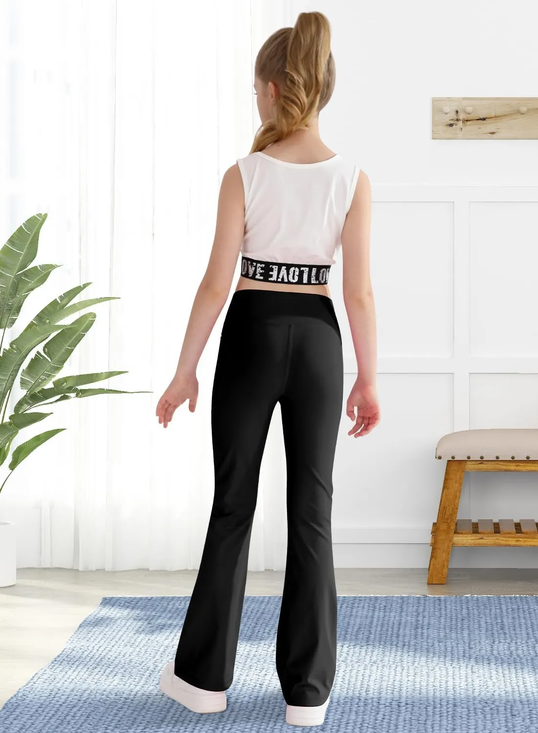 Girls Flare Yoga Leggings Cross High Waisted Dance Cute Activewear Kids Bell Bottoms Pants with Pockets 5-13 Years