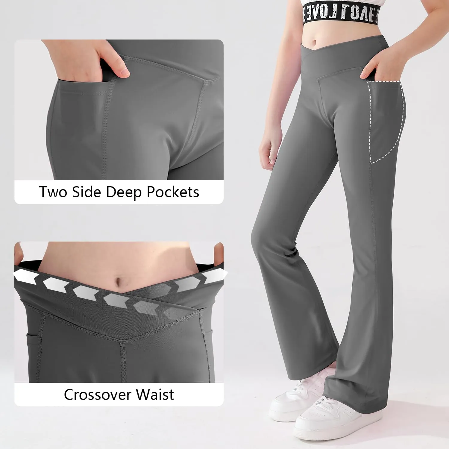 Girls Flare Yoga Leggings Cross High Waisted Dance Cute Activewear Kids Bell Bottoms Pants with Pockets 5-13 Years