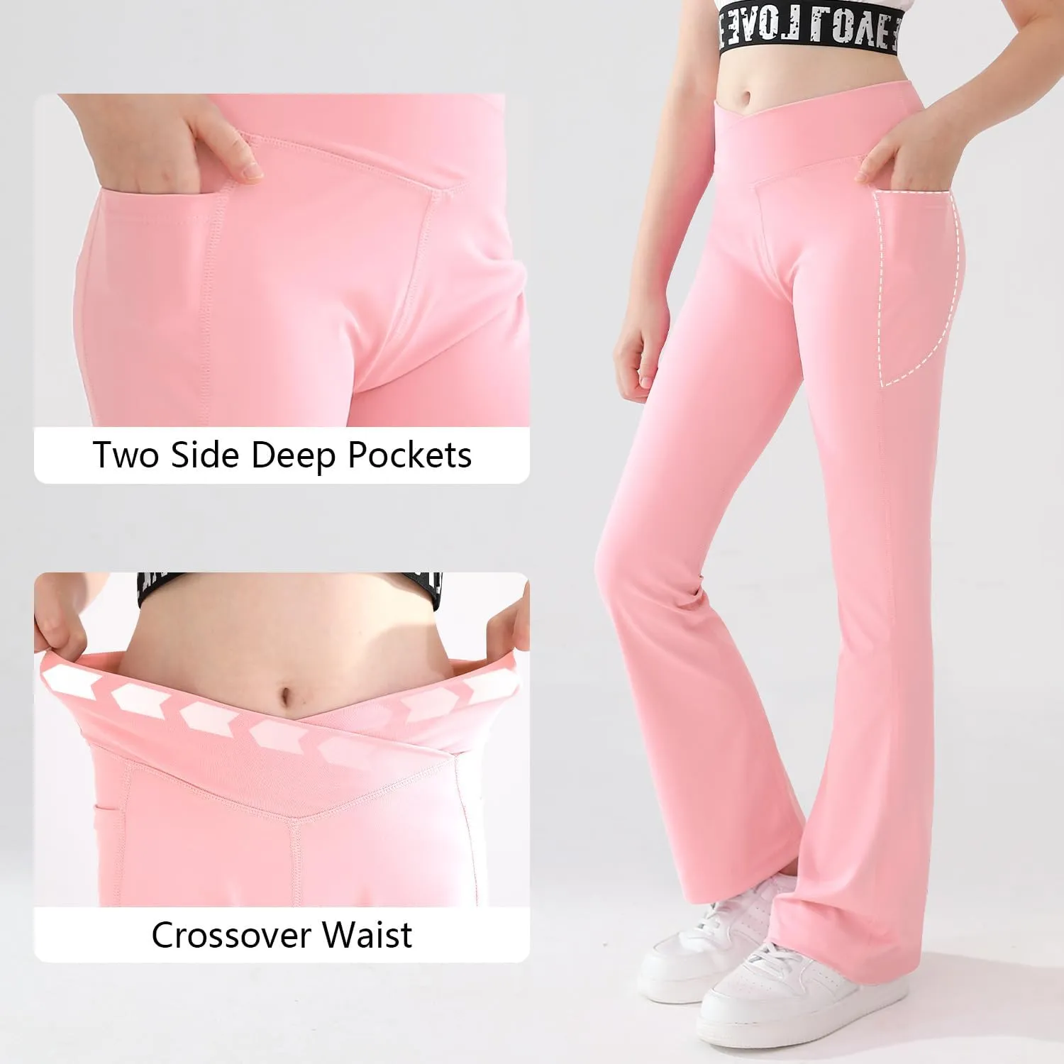 Girls Flare Yoga Leggings Cross High Waisted Dance Cute Activewear Kids Bell Bottoms Pants with Pockets 5-13 Years