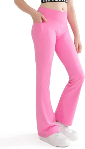 Girls Flare Yoga Leggings Cross High Waisted Dance Cute Activewear Kids Bell Bottoms Pants with Pockets 5-13 Years