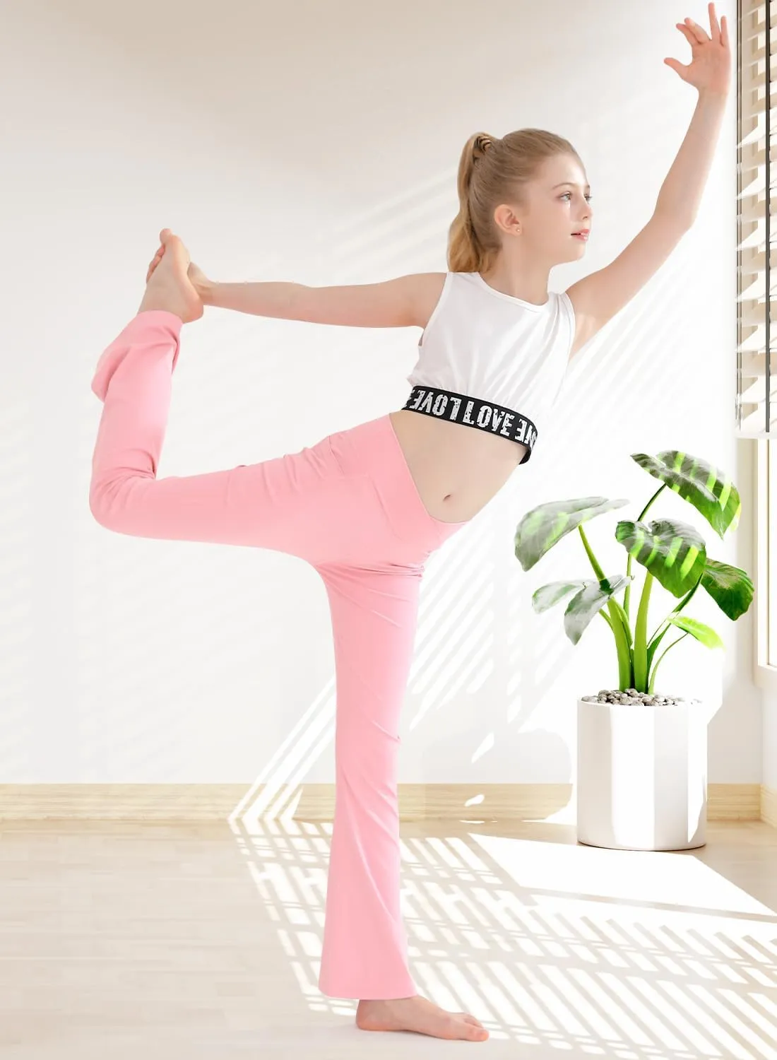 Girls Flare Yoga Leggings Cross High Waisted Dance Cute Activewear Kids Bell Bottoms Pants with Pockets 5-13 Years