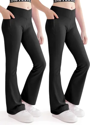 Girls Flare Yoga Leggings Cross High Waisted Dance Cute Activewear Kids Bell Bottoms Pants with Pockets 5-13 Years