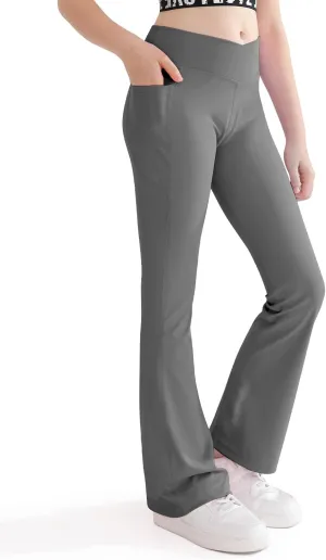 Girls Flare Yoga Leggings Cross High Waisted Dance Cute Activewear Kids Bell Bottoms Pants with Pockets 5-13 Years