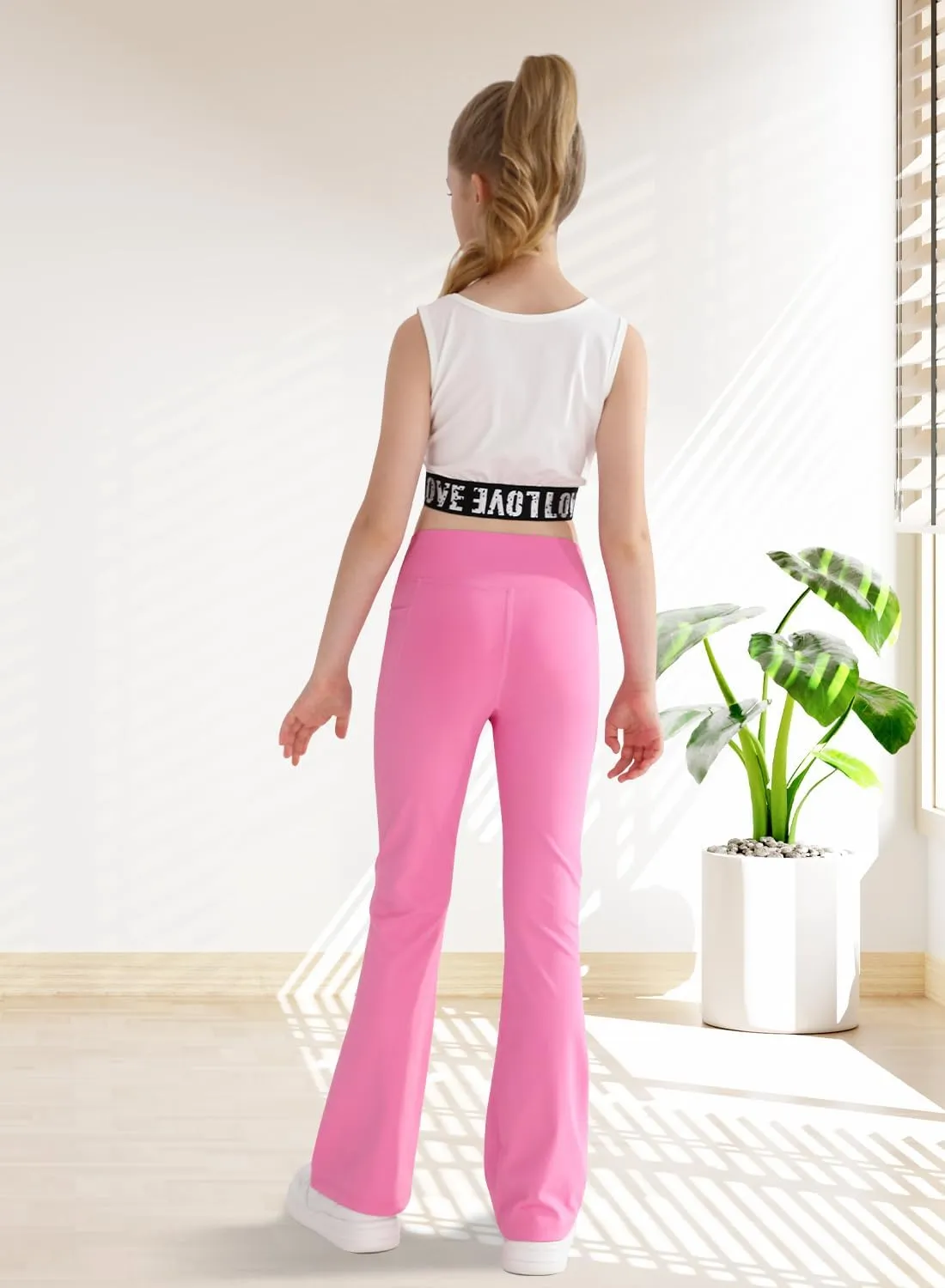 Girls Flare Yoga Leggings Cross High Waisted Dance Cute Activewear Kids Bell Bottoms Pants with Pockets 5-13 Years