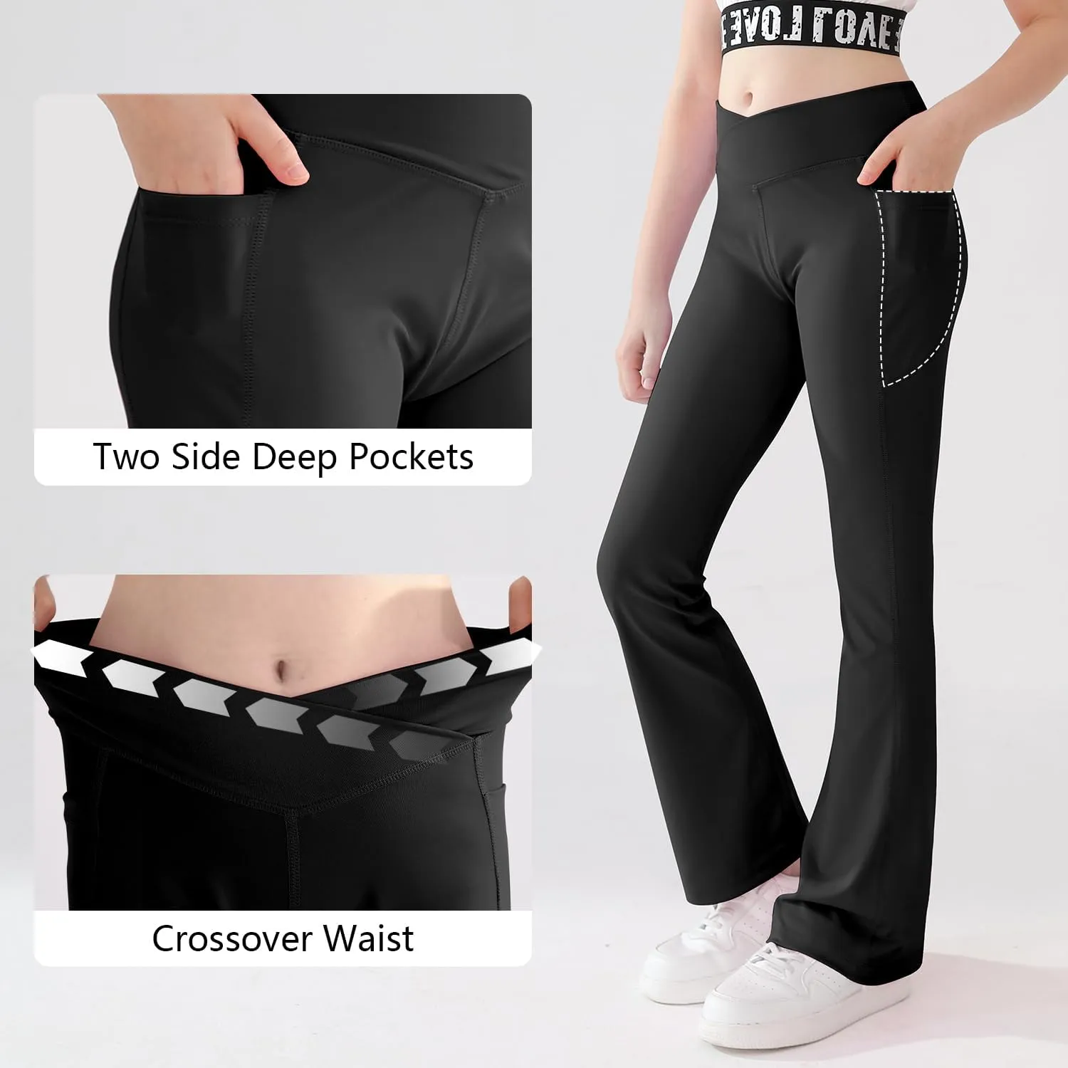 Girls Flare Yoga Leggings Cross High Waisted Dance Cute Activewear Kids Bell Bottoms Pants with Pockets 5-13 Years