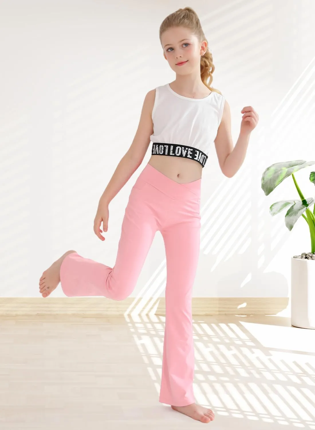 Girls Flare Yoga Leggings Cross High Waisted Dance Cute Activewear Kids Bell Bottoms Pants with Pockets 5-13 Years