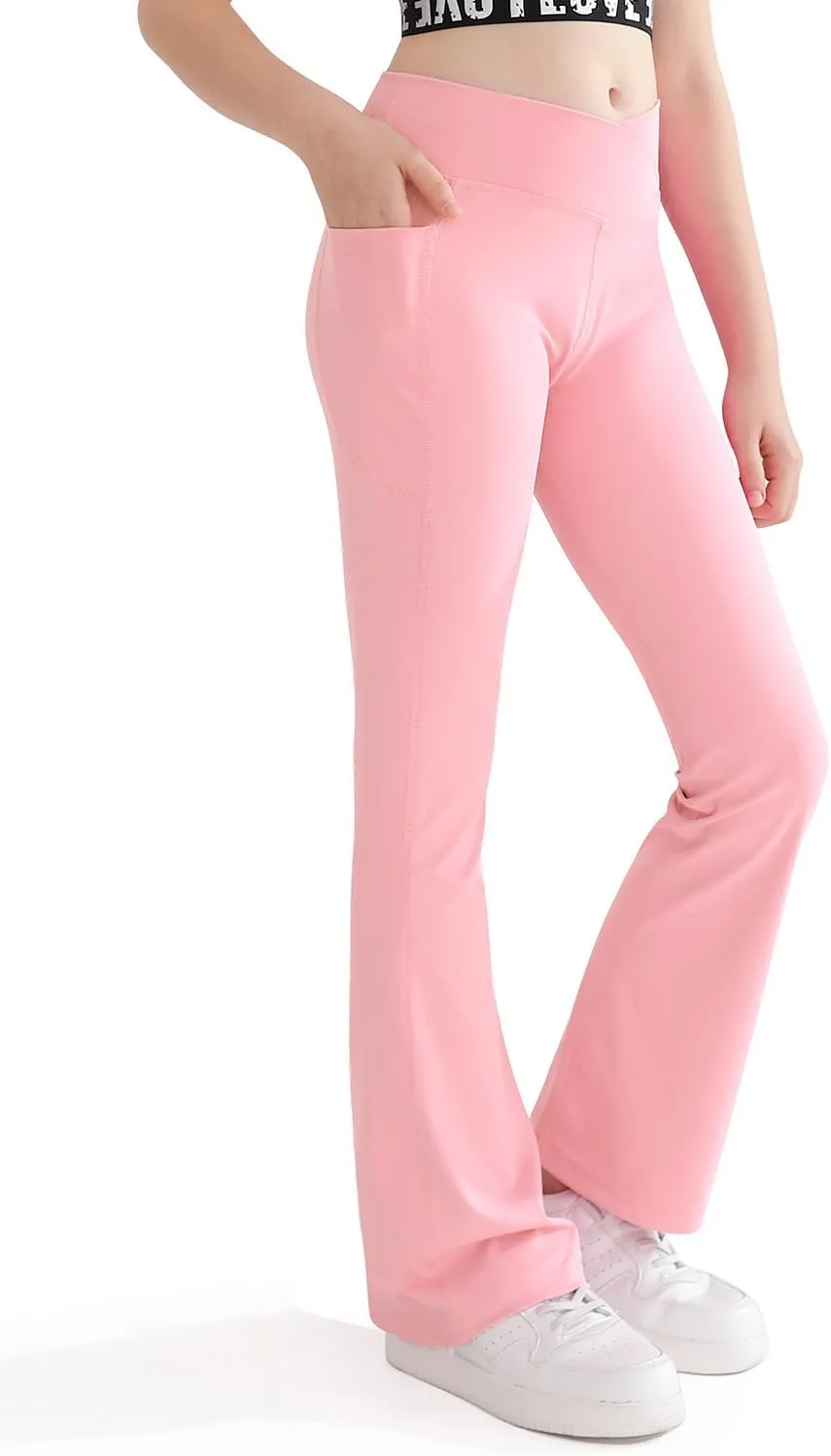 Girls Flare Yoga Leggings Cross High Waisted Dance Cute Activewear Kids Bell Bottoms Pants with Pockets 5-13 Years