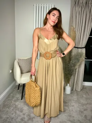 GOLDEN BEIGE SATIN TRIM JUMPSUIT