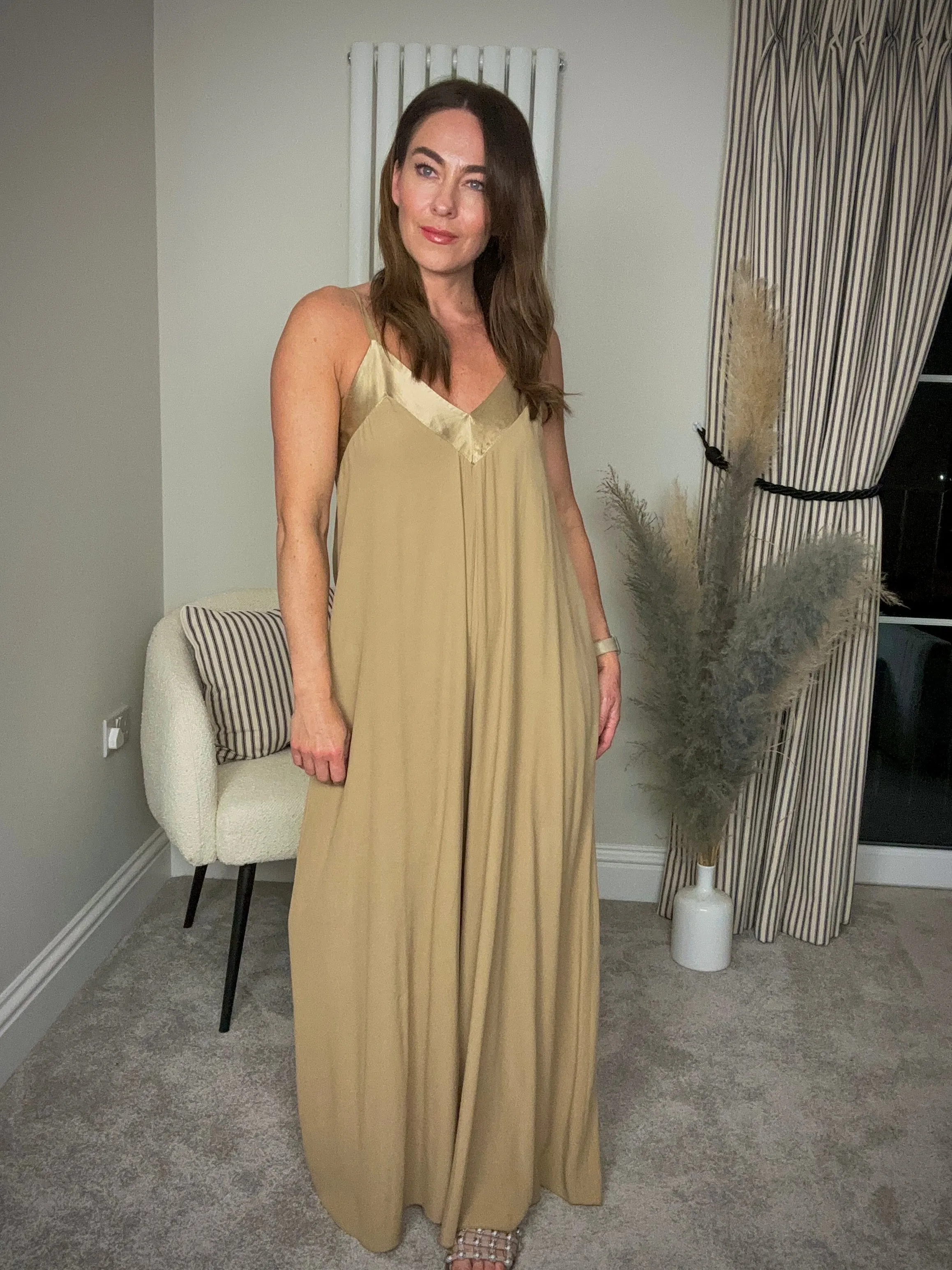 GOLDEN BEIGE SATIN TRIM JUMPSUIT