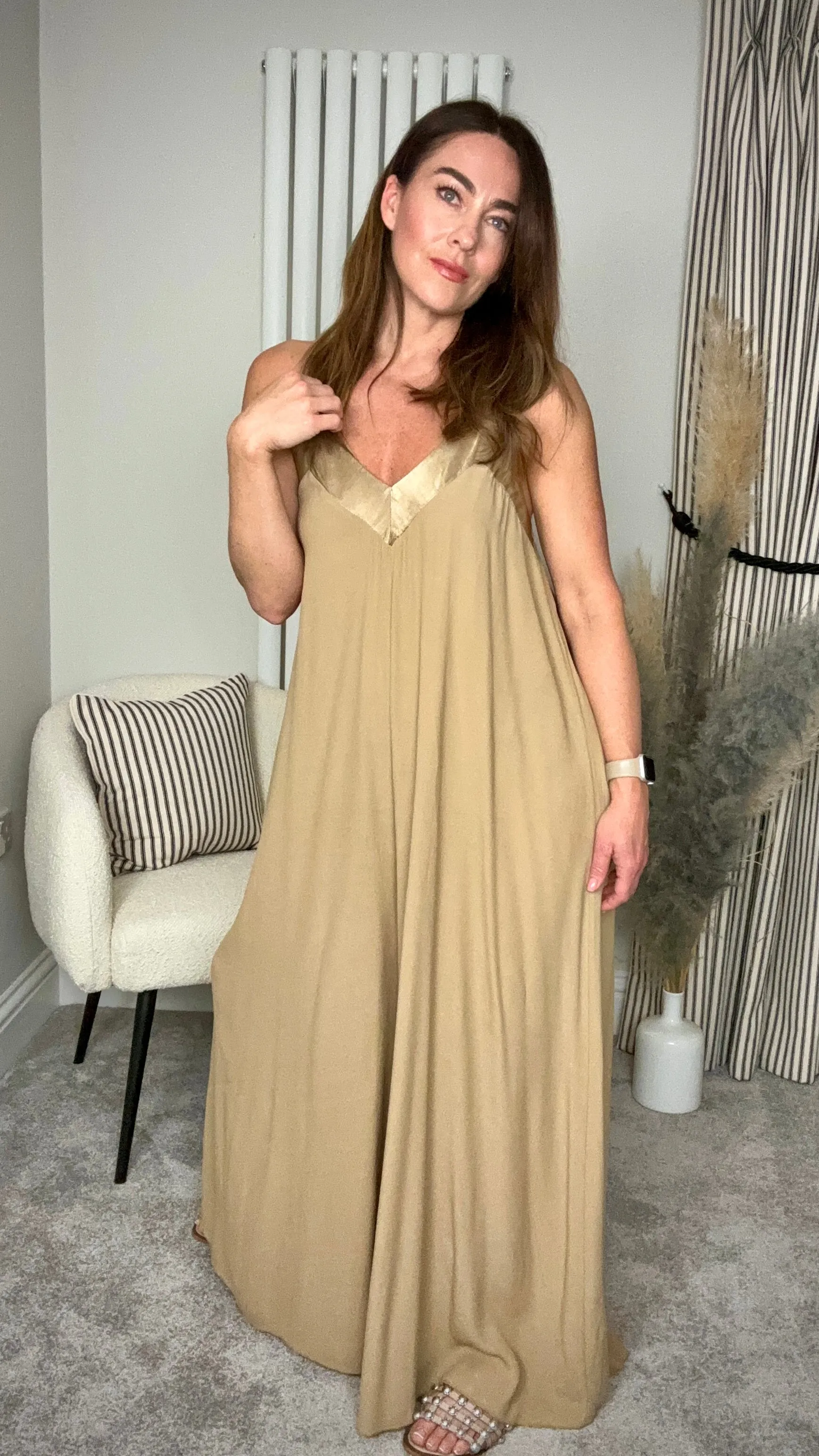 GOLDEN BEIGE SATIN TRIM JUMPSUIT