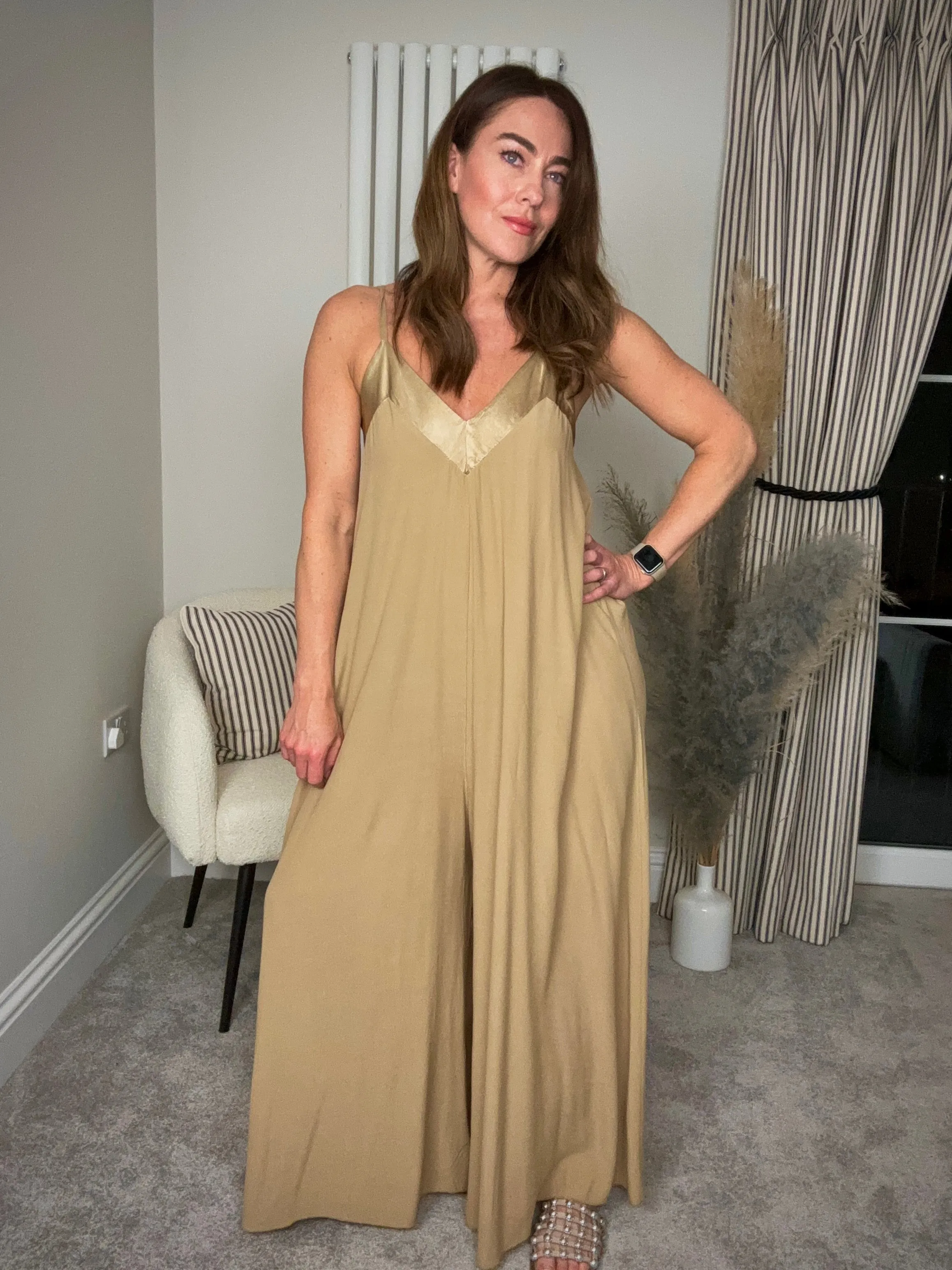 GOLDEN BEIGE SATIN TRIM JUMPSUIT