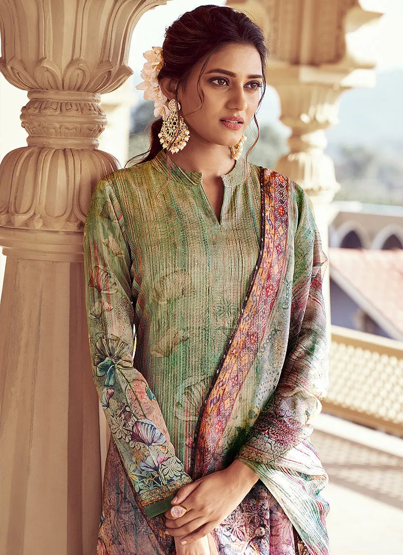 Green Digital Print Casual Wear Pant Style Suit