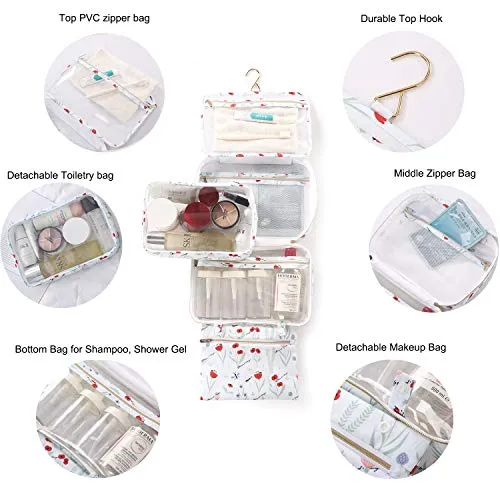 Hanging Toilet Bag Large Toilet Bag with Hook Wash Bag (White Flower)