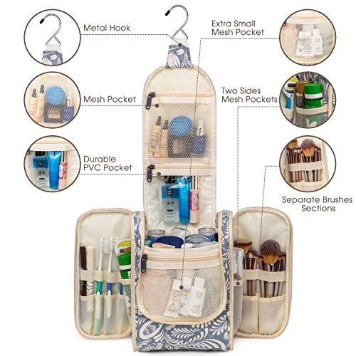 Hanging Travel Toiletry Bag Cosmetic Make up Organizer for Women and Men (Blue Leaf)