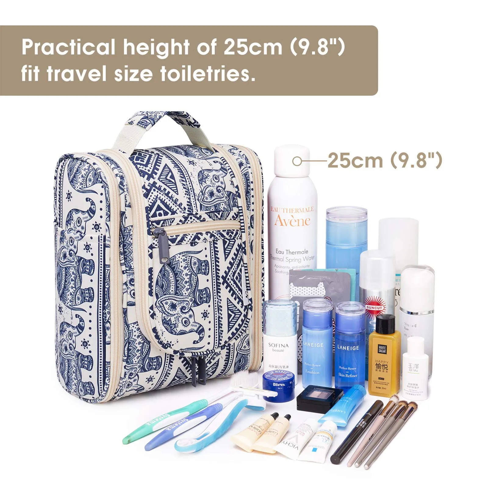 Hanging Travel Toiletry Bag Cosmetic Make up Organizer for Women and Men (Medium, Elephant)