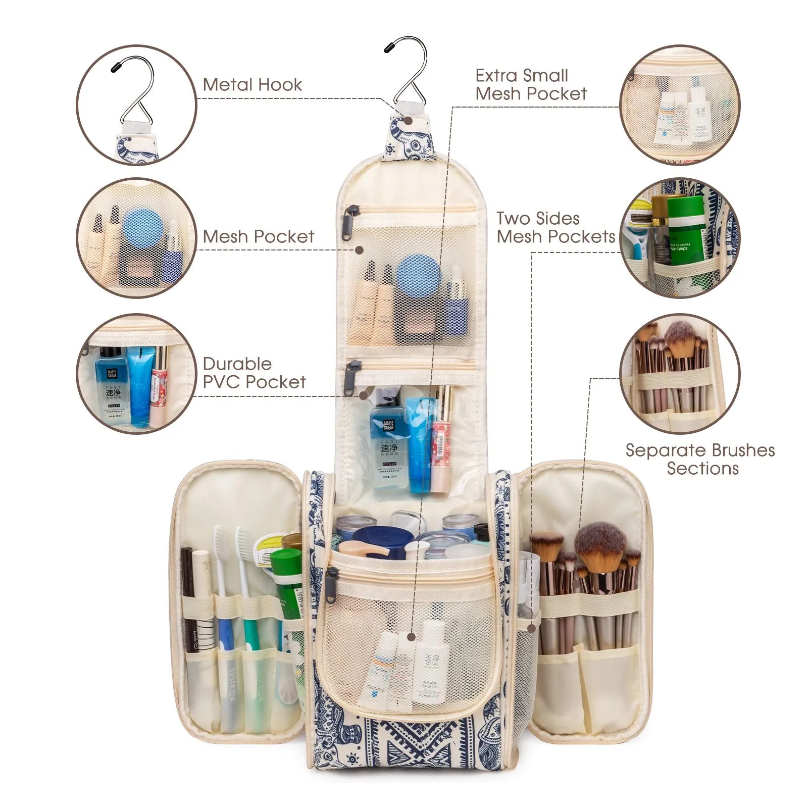 Hanging Travel Toiletry Bag Cosmetic Make up Organizer for Women and Men (Medium, Elephant)