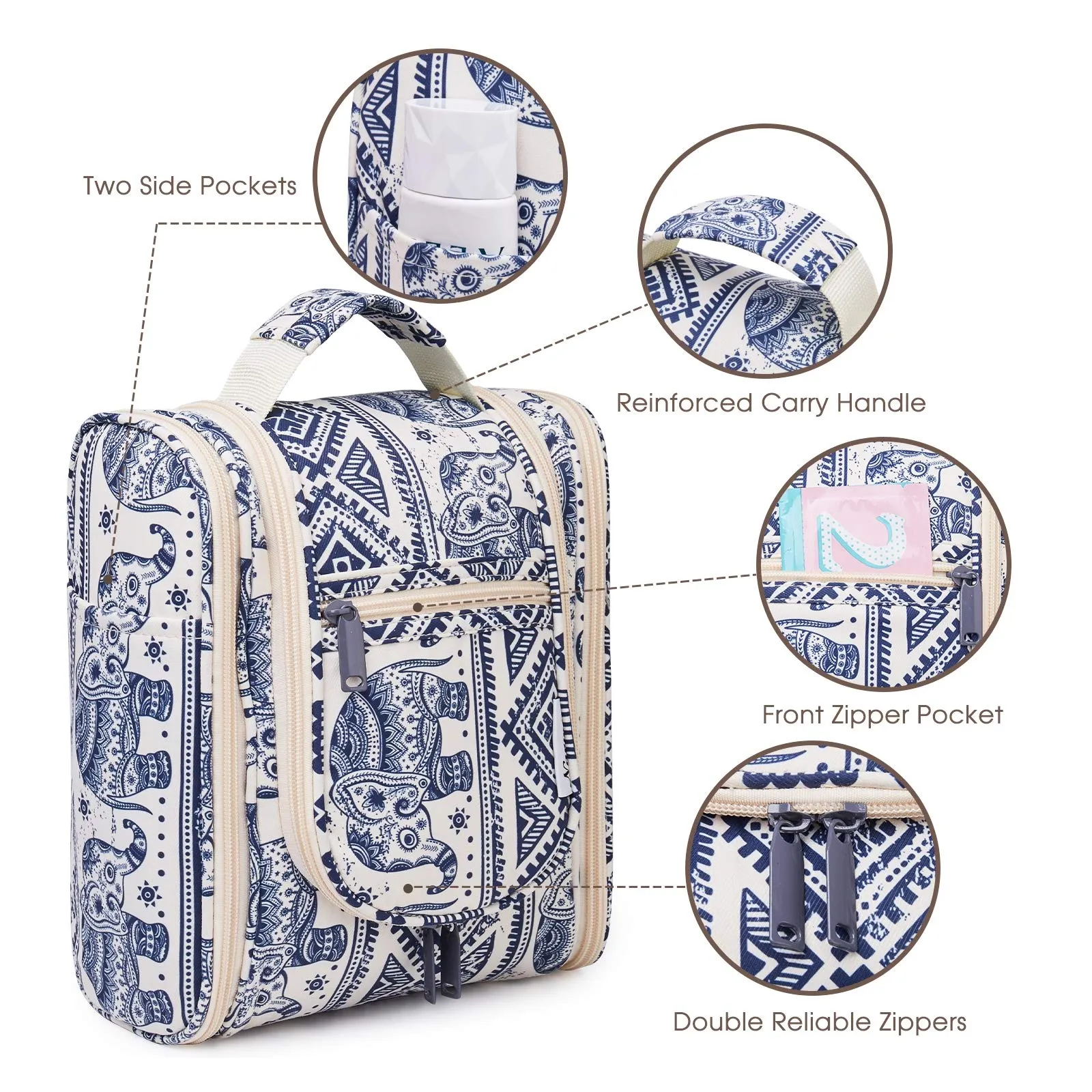 Hanging Travel Toiletry Bag Cosmetic Make up Organizer for Women and Men (Medium, Elephant)