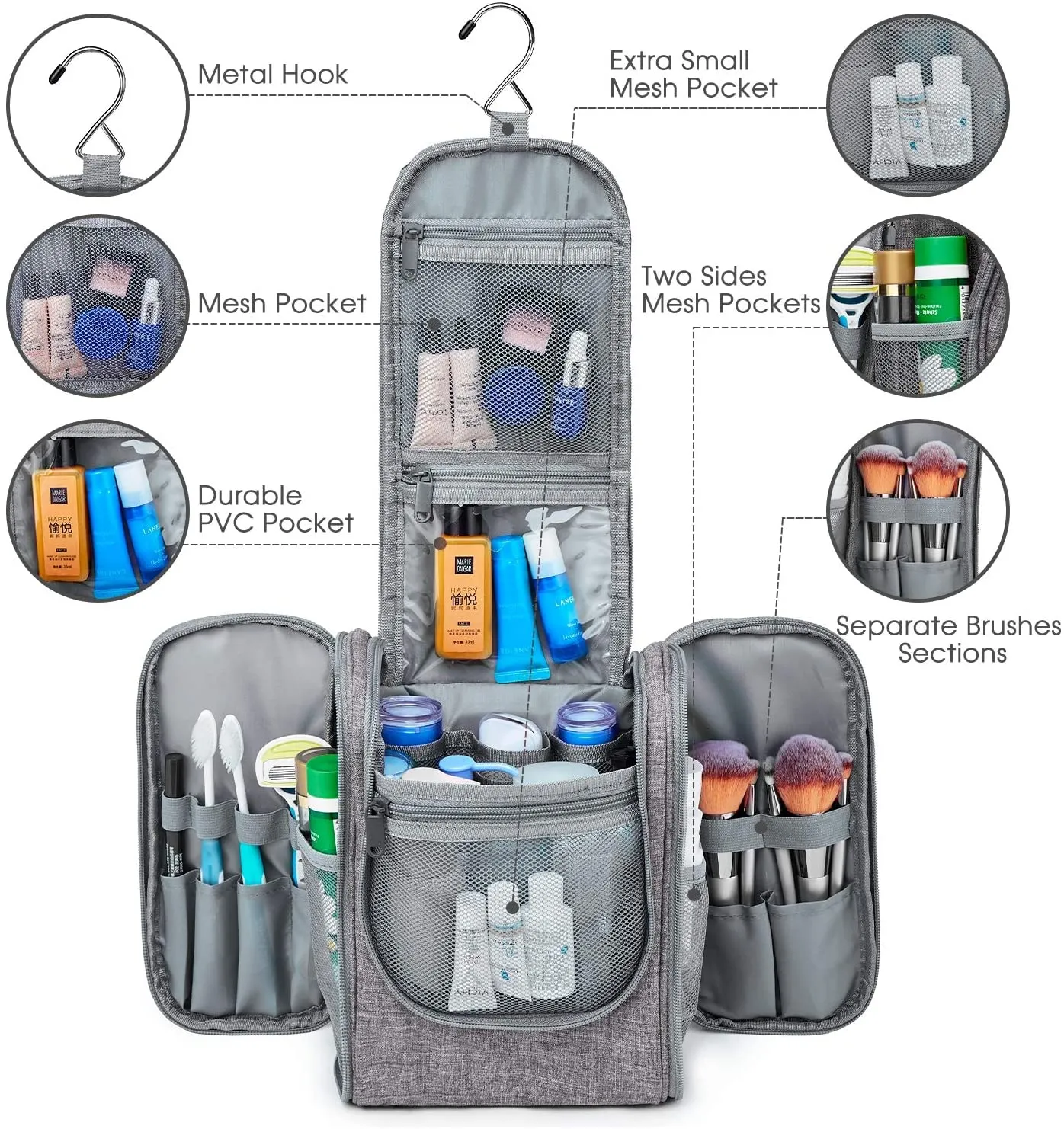 Hanging Travel Toiletry Bag Cosmetic Make up Organizer for Women and Men (Medium, Grey)