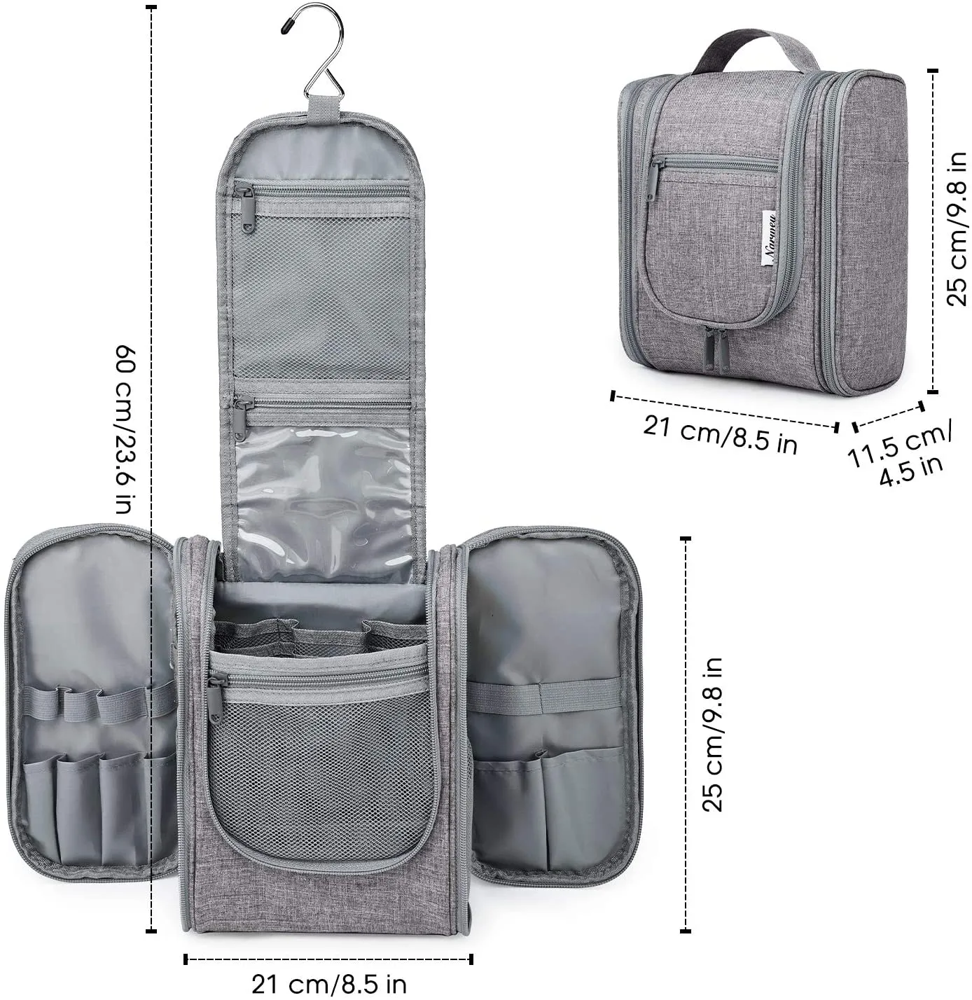 Hanging Travel Toiletry Bag Cosmetic Make up Organizer for Women and Men (Medium, Grey)