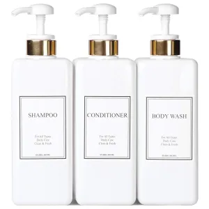 HARRA HOME Modern Gold Design Pump Bottle Set 27 oz Refillable Shampoo and Conditioner Dispenser Empty Shower Plastic Bottles with Pump for Bathroom Lotion Body wash Massage Oils, Pack of 3 (White)