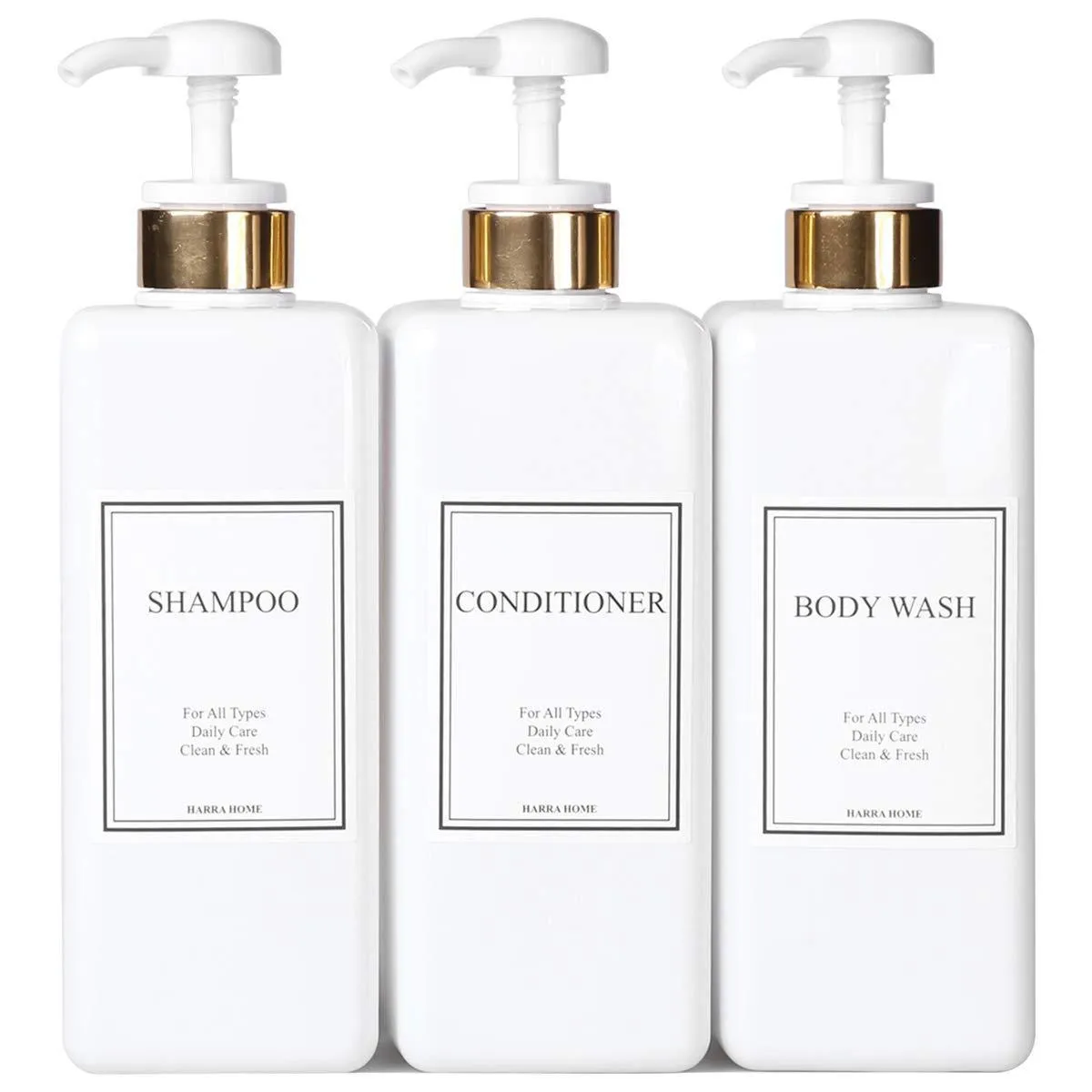 HARRA HOME Modern Gold Design Pump Bottle Set 27 oz Refillable Shampoo and Conditioner Dispenser Empty Shower Plastic Bottles with Pump for Bathroom Lotion Body wash Massage Oils, Pack of 3 (White)