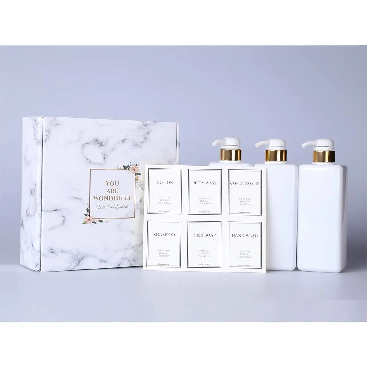 HARRA HOME Modern Gold Design Pump Bottle Set 27 oz Refillable Shampoo and Conditioner Dispenser Empty Shower Plastic Bottles with Pump for Bathroom Lotion Body wash Massage Oils, Pack of 3 (White)