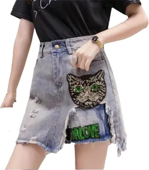 Hcclijo Women Sequins Embroidered Cartoons Denim Skirt Wear Burr Short Skirt Cowboy Midiskirt
