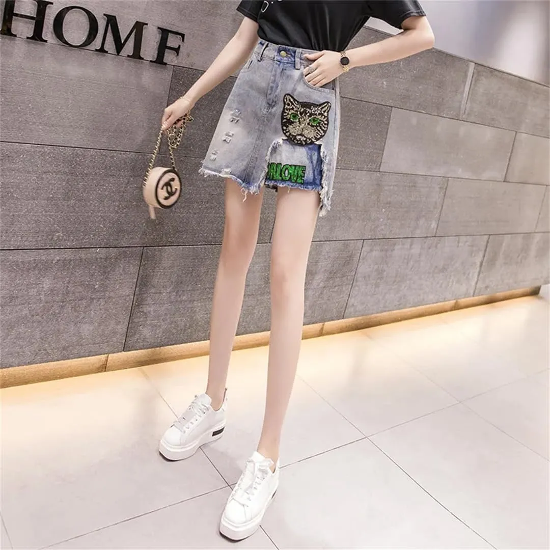 Hcclijo Women Sequins Embroidered Cartoons Denim Skirt Wear Burr Short Skirt Cowboy Midiskirt