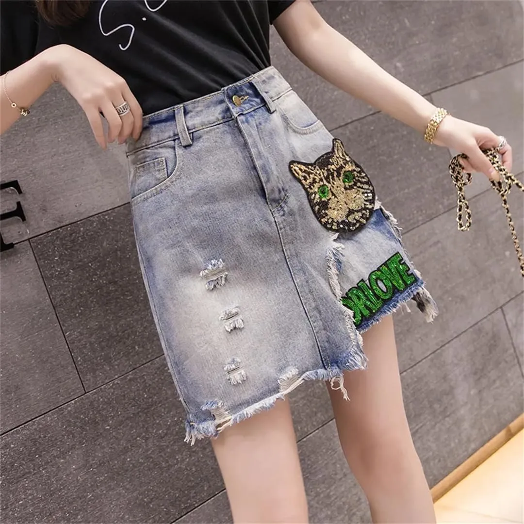 Hcclijo Women Sequins Embroidered Cartoons Denim Skirt Wear Burr Short Skirt Cowboy Midiskirt