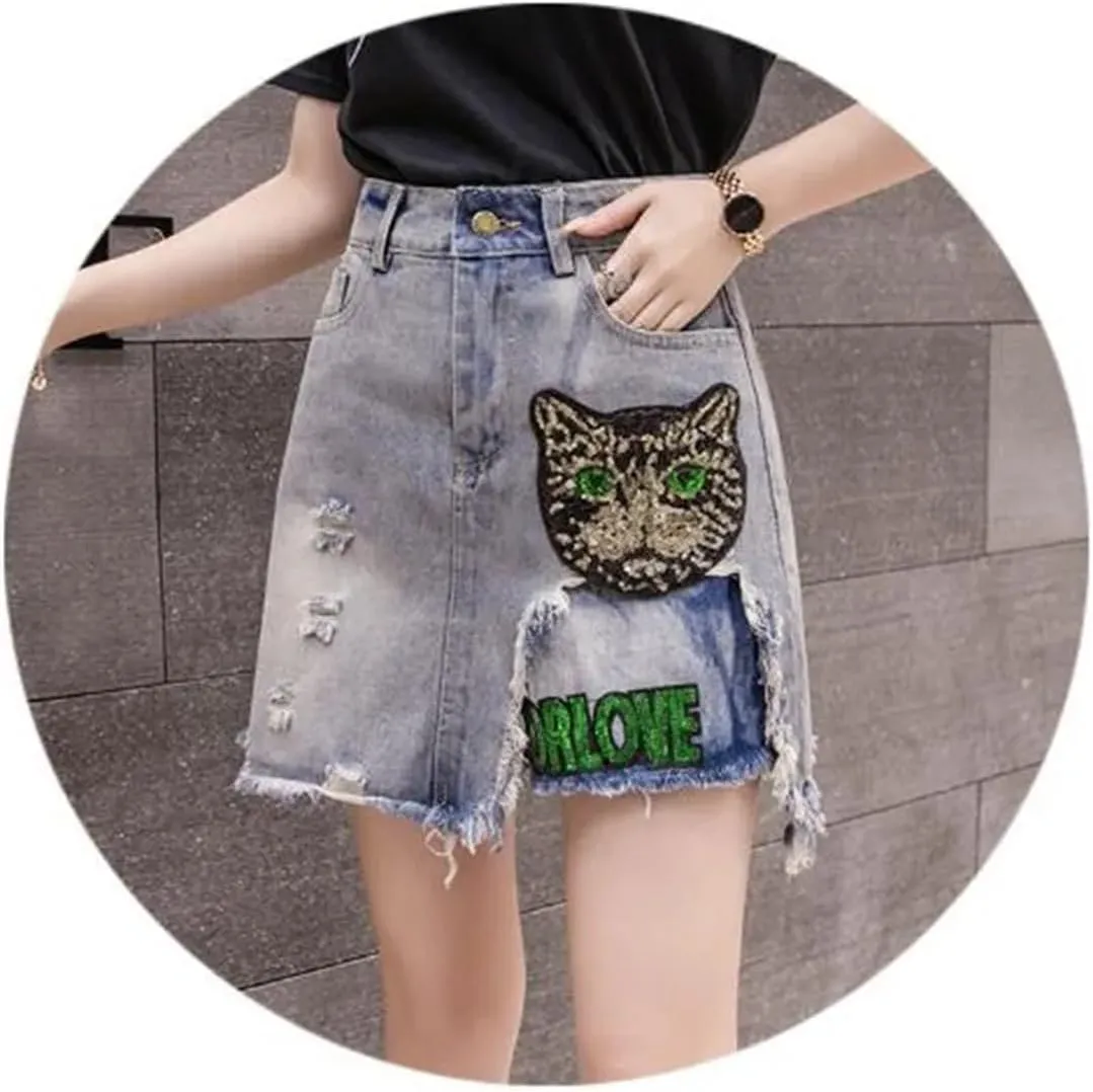 Hcclijo Women Sequins Embroidered Cartoons Denim Skirt Wear Burr Short Skirt Cowboy Midiskirt