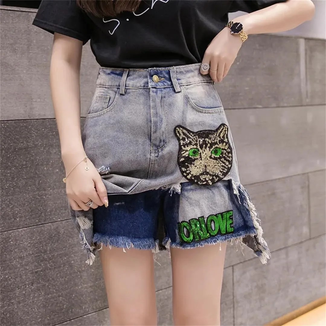 Hcclijo Women Sequins Embroidered Cartoons Denim Skirt Wear Burr Short Skirt Cowboy Midiskirt