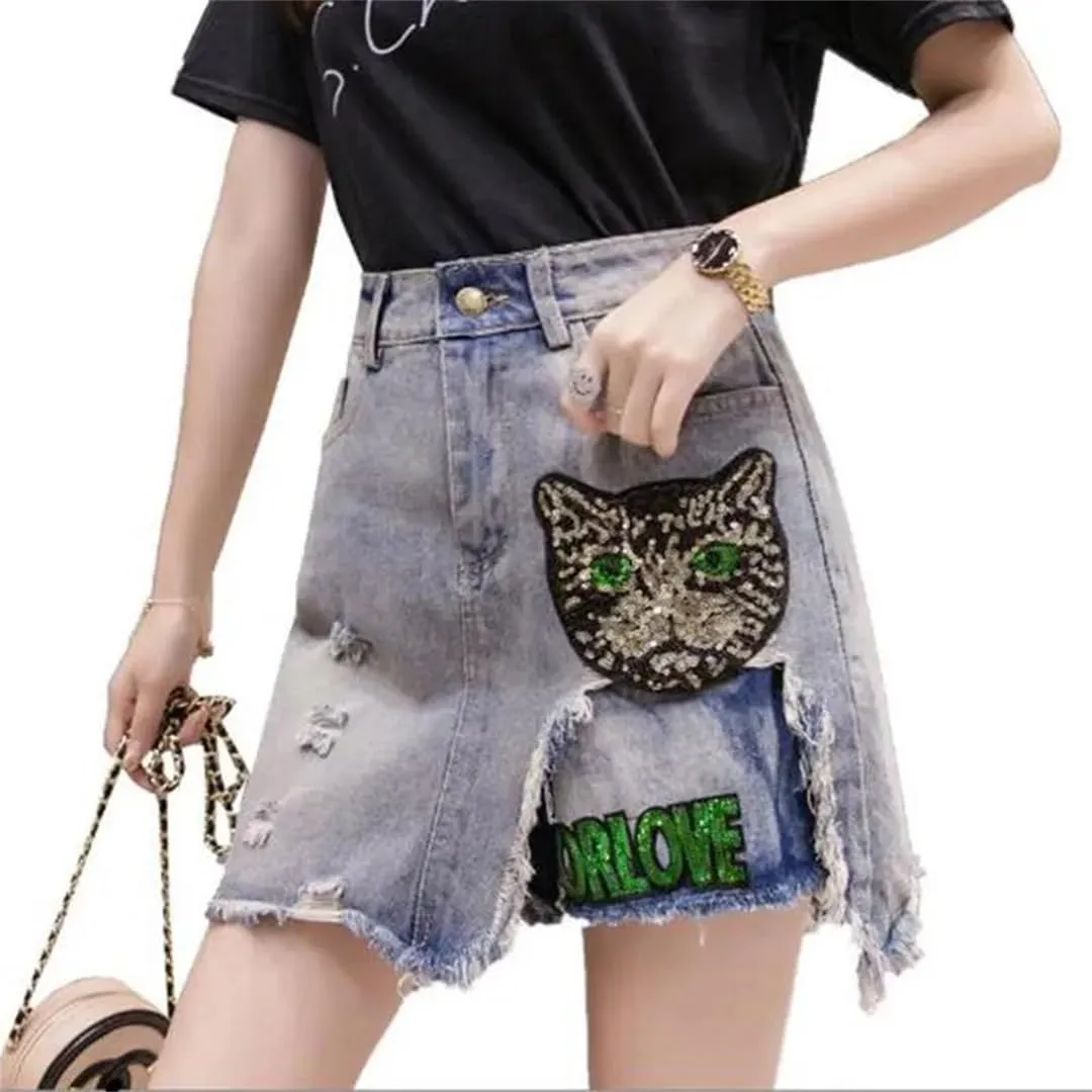 Hcclijo Women Sequins Embroidered Cartoons Denim Skirt Wear Burr Short Skirt Cowboy Midiskirt