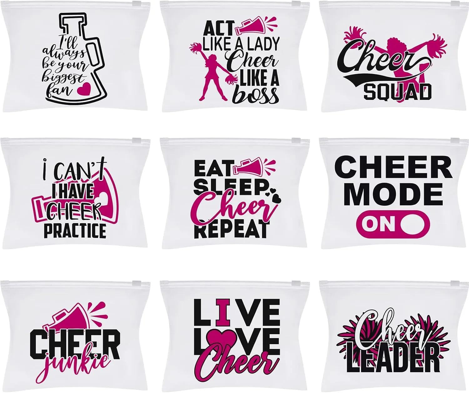 Henoyso 90 Pieces Cheer Makeup Bag Cheerleaders Gifts Cosmetic Cheer Bags for Cheerleaders Gifts for Team Party Favors Travel Pouch Makeup Case for Women Teammates Accessories, 9 Styles