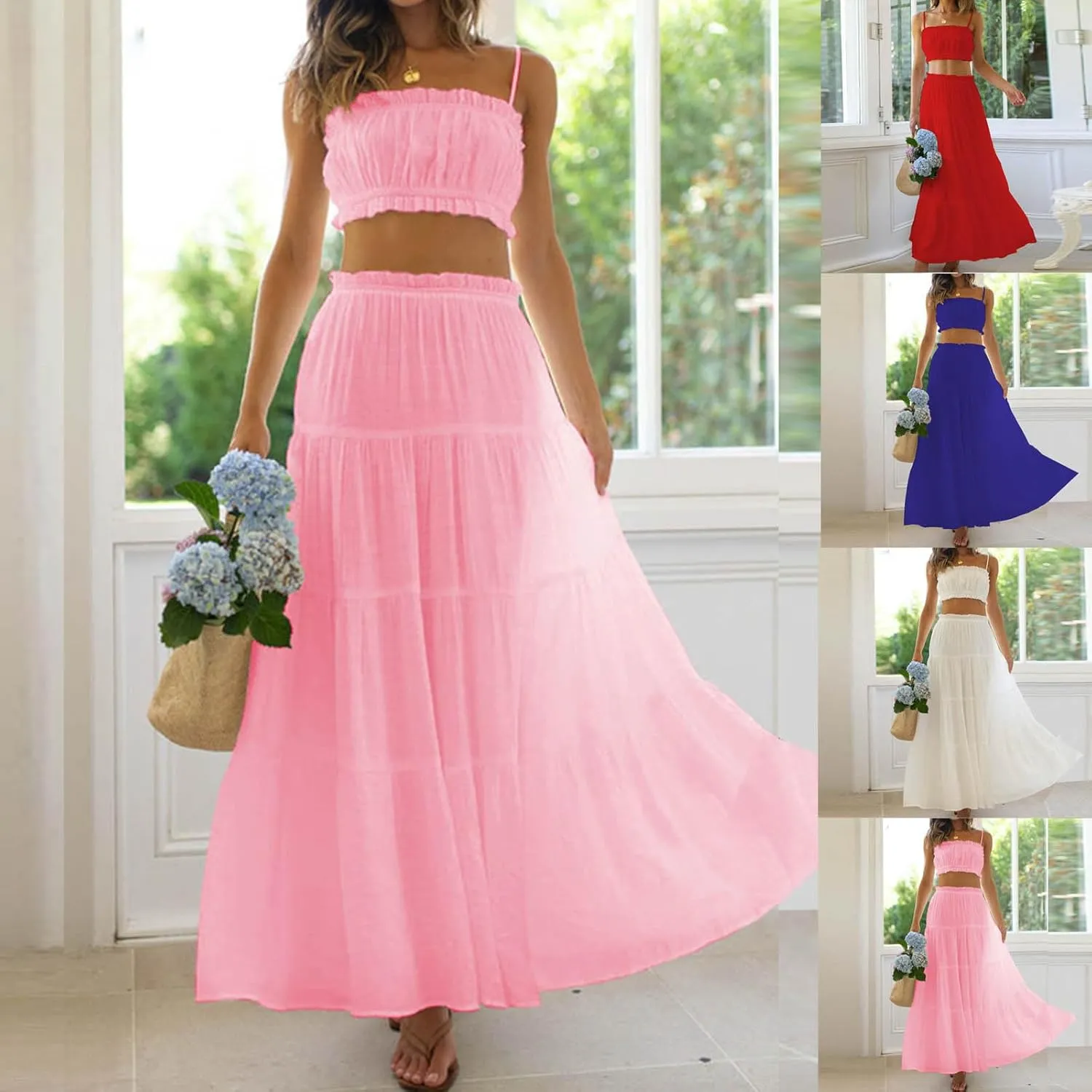 HGps8w Women 2 Piece Outfits Boho Sleeveless Cami Crop Top Ruffle Trim High Waist Flowy Long Skirt Beach Vacation Sets