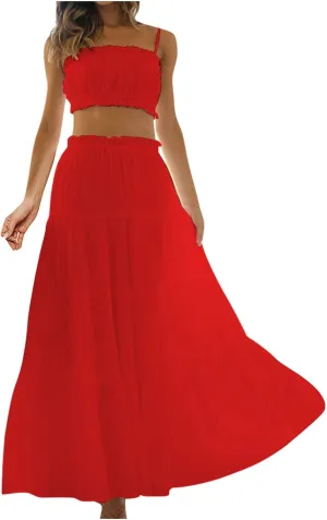 HGps8w Women 2 Piece Outfits Boho Sleeveless Cami Crop Top Ruffle Trim High Waist Flowy Long Skirt Beach Vacation Sets