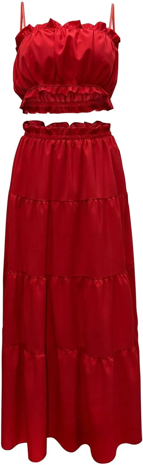 HGps8w Women 2 Piece Outfits Boho Sleeveless Cami Crop Top Ruffle Trim High Waist Flowy Long Skirt Beach Vacation Sets