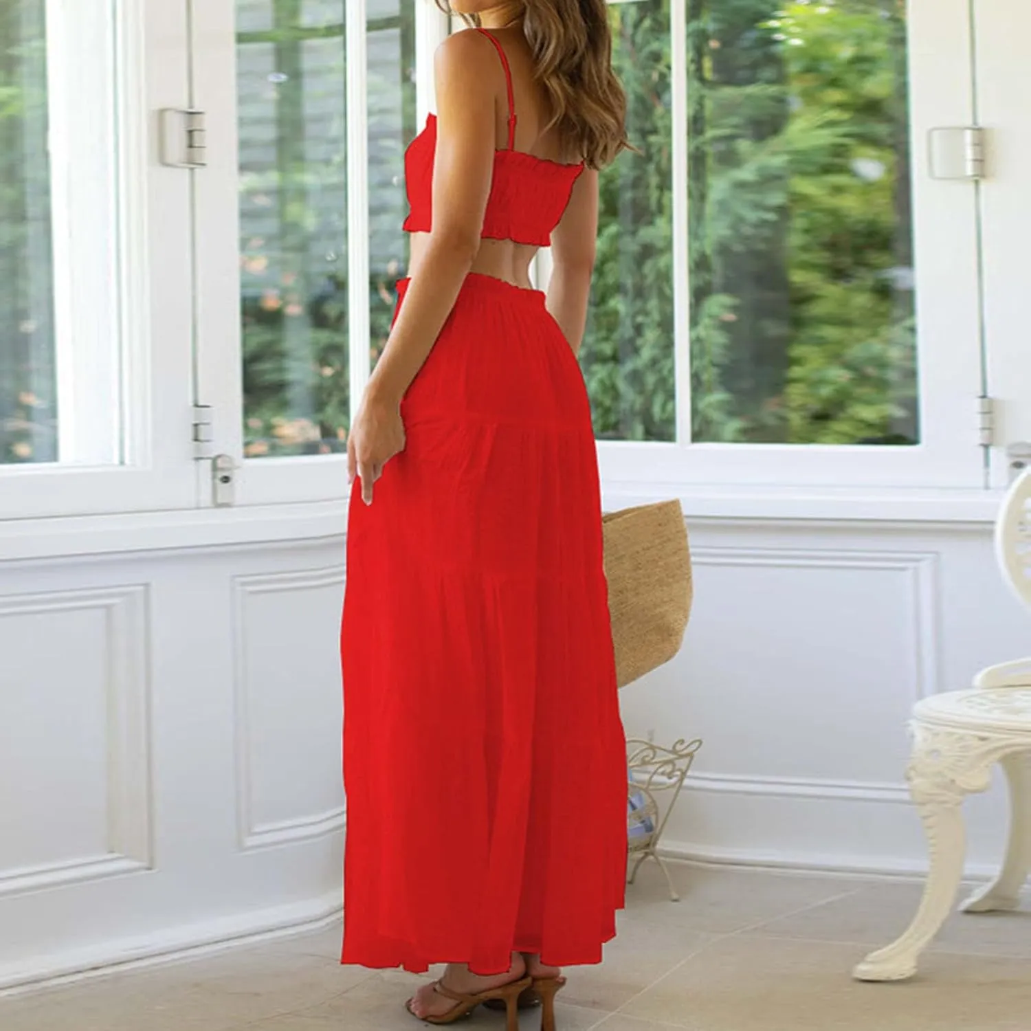 HGps8w Women 2 Piece Outfits Boho Sleeveless Cami Crop Top Ruffle Trim High Waist Flowy Long Skirt Beach Vacation Sets