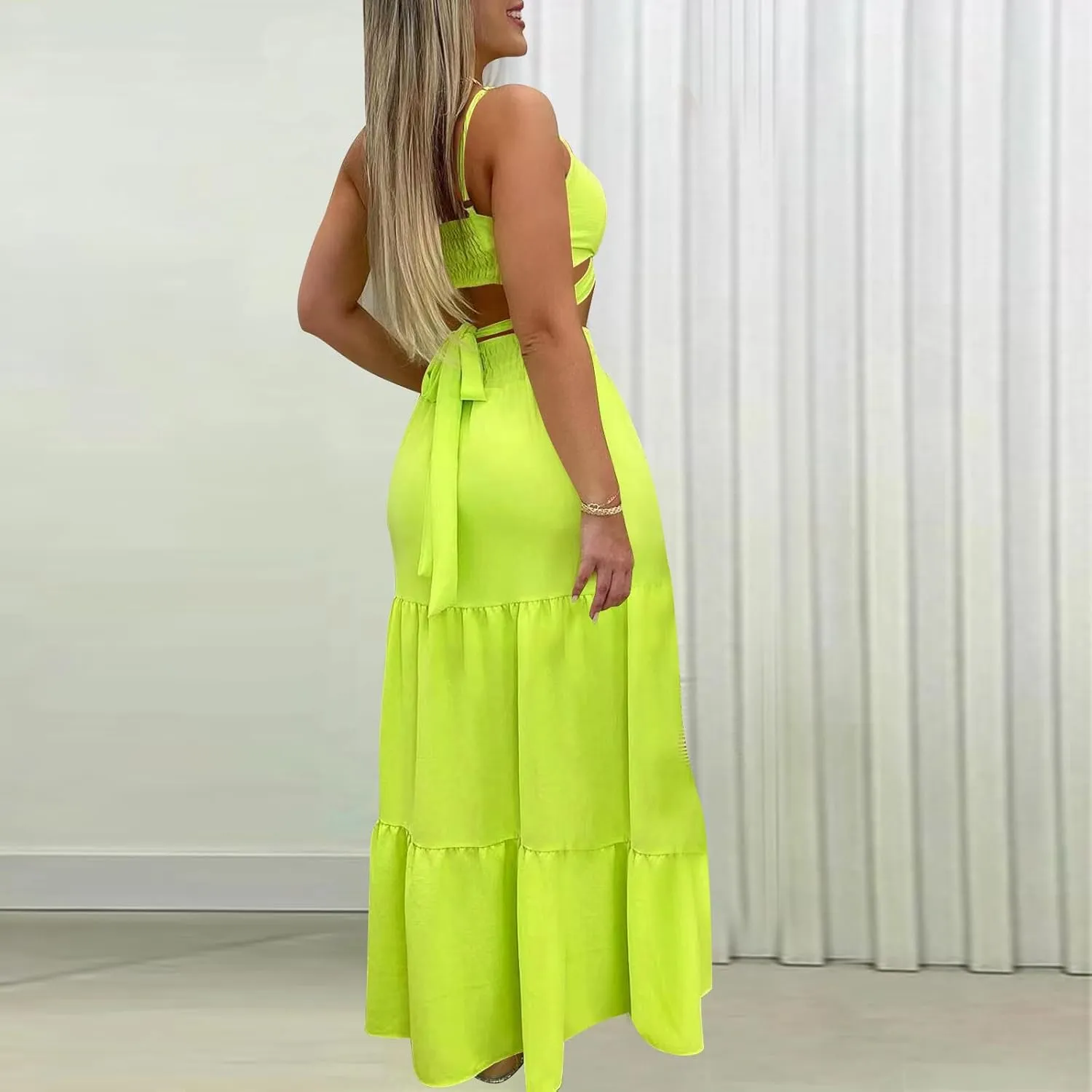 HGps8w Womens 2 Piece Outfits Sexy V Neck Crop Cami Top and High Waisted Tiered Maxi Skirt Elegant Swing Beach Dress Sets